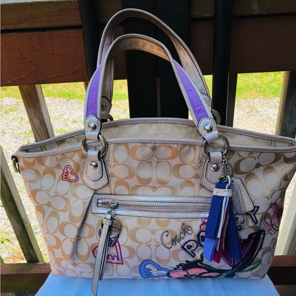 Coach Poppy Rocker Bag Signature Scribble Canvas Shoulder Tote - Picture 3 of 9